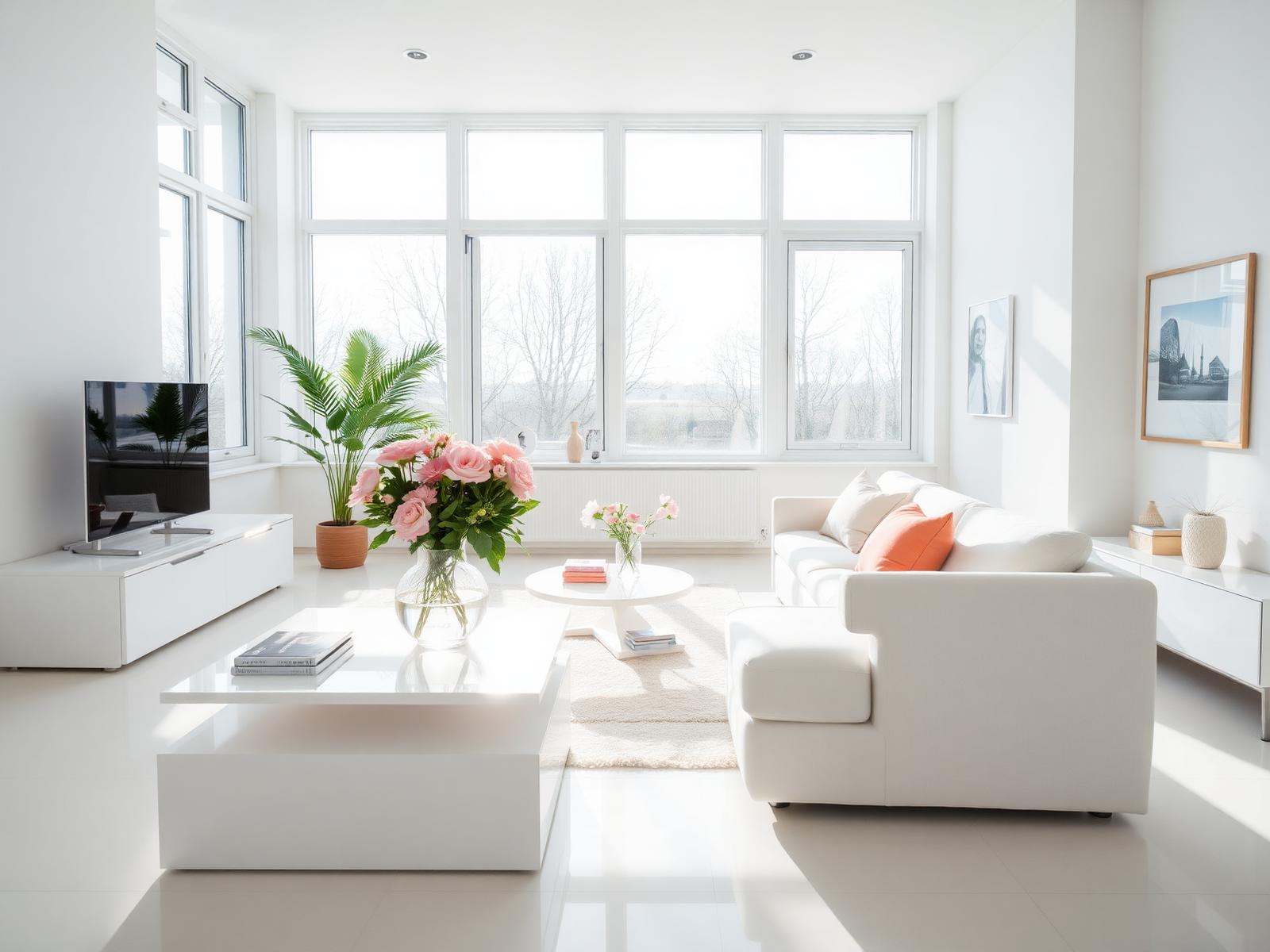 Bright, freshly cleaned modern living room with peach and sky blue accents